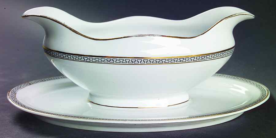 Greek Key Black (White Background) Gravy Boat with Attached Underplate by Heinrich - H&C-1