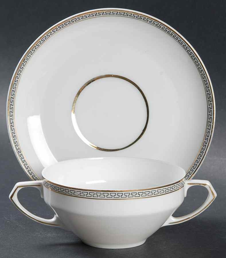 Greek Key Black (White Background) Flat Bouillon Cup & Saucer by Heinrich - H&C-1