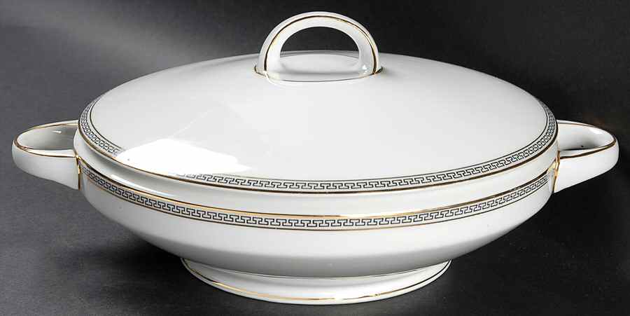 Greek Key Black (White Background) Round Covered Vegetable by Heinrich - H&C-1