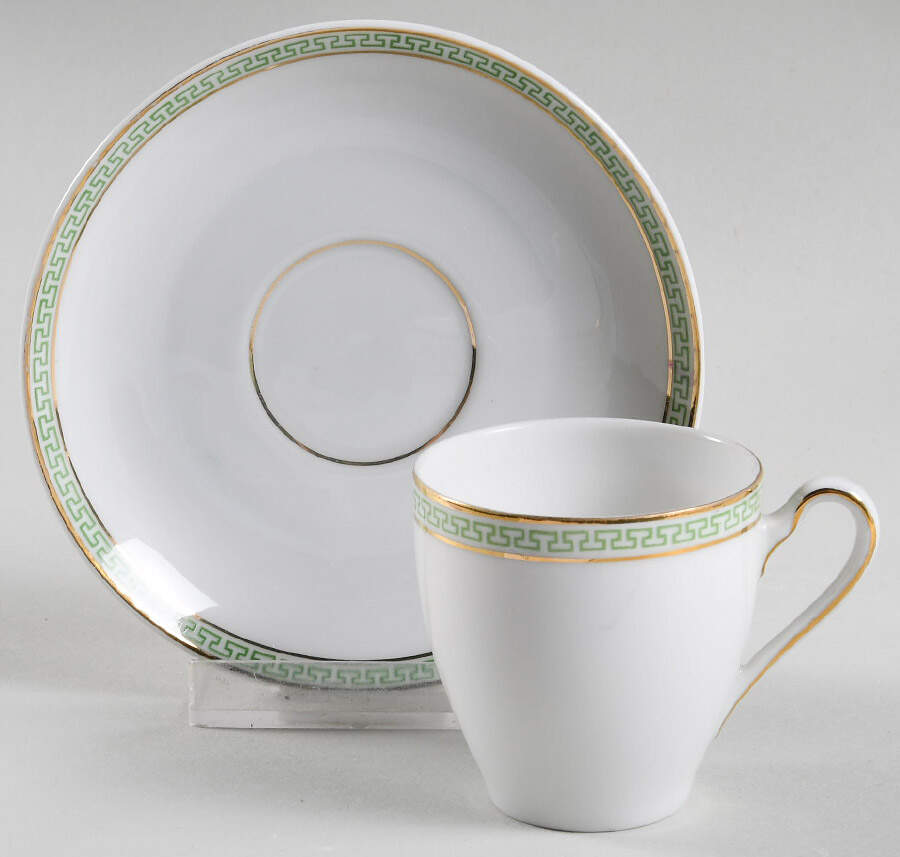 Greek Key Green Flat Demitasse Cup & Saucer Set by Heinrich - H&C-1