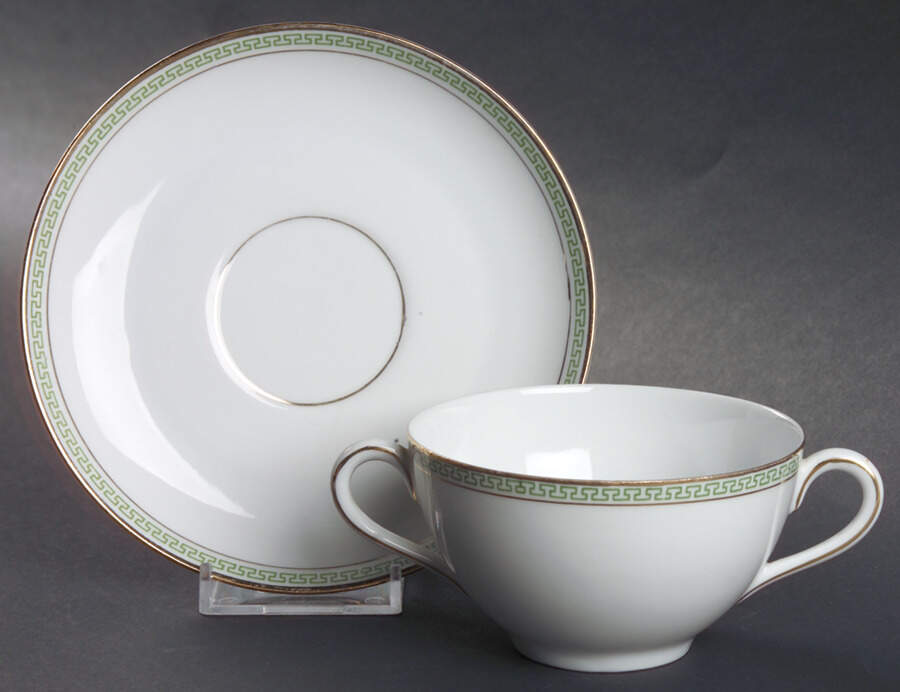 Greek Key Green Flat Bouillon Cup & Saucer by Heinrich - H&C-1