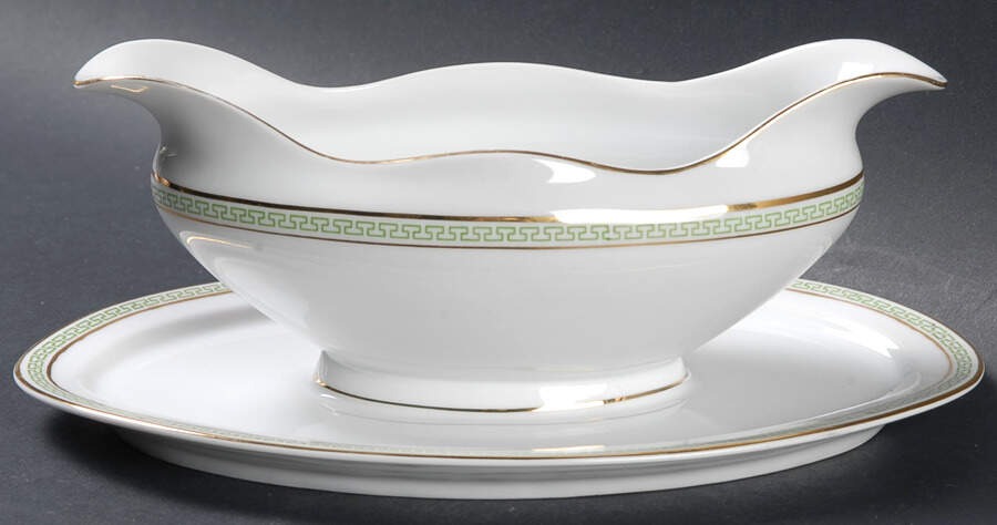 Greek Key Green Gravy Boat with Attached Underplate by Heinrich - H&C-1