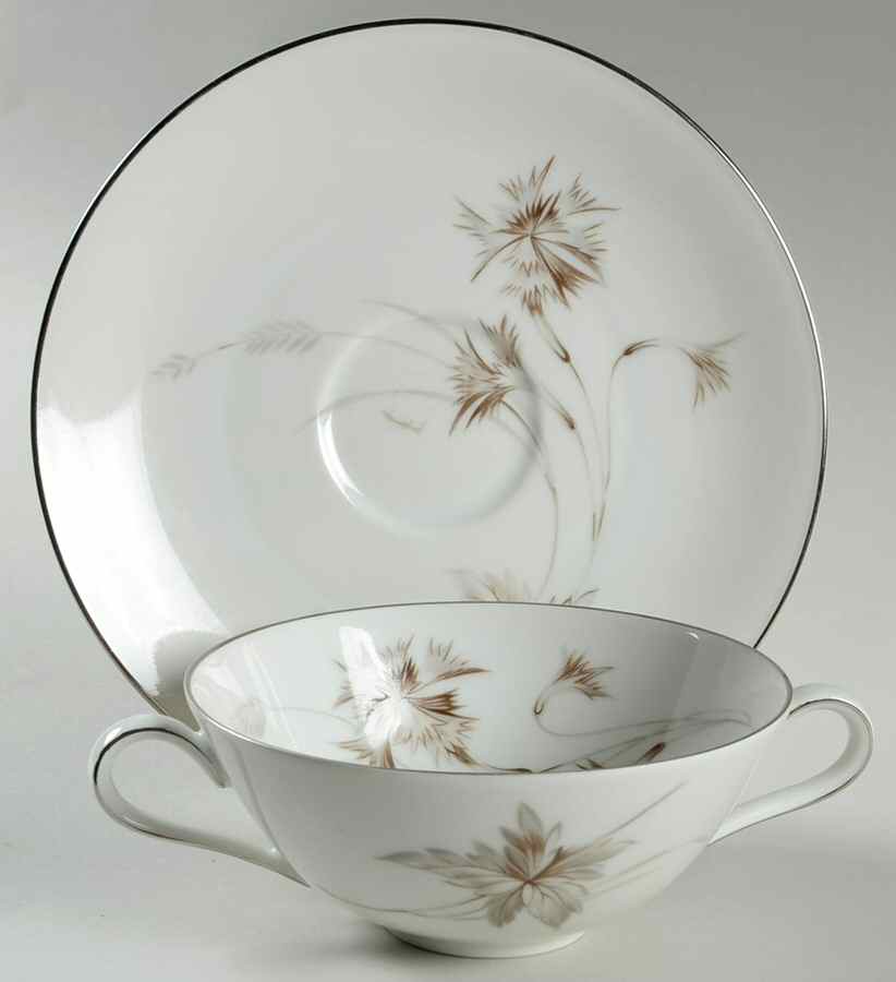 Sepia (White, Platinum Trim) Flat Cream Soup Bowl & Saucer Set by Heinrich - H&C-1