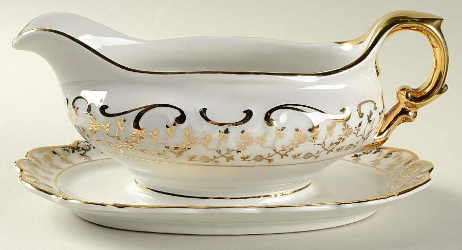 Baroque Style Gravy Boat with Attached Underplate by House Dresden-1