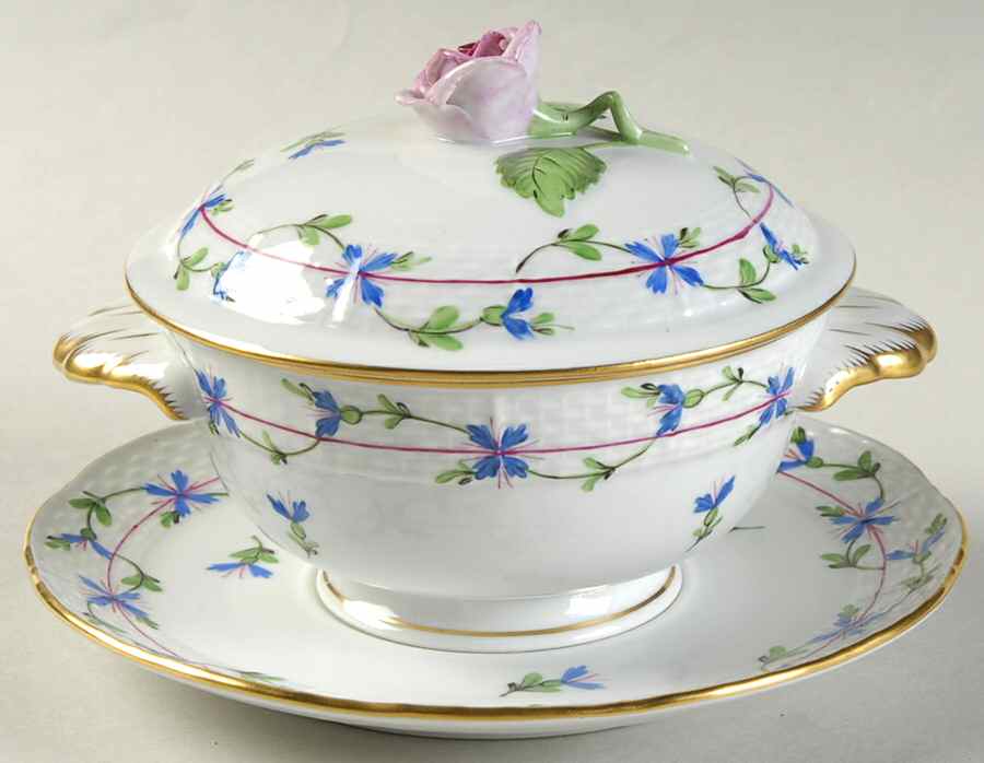 Blue Garland (PBG) Footed Bouillon Cup and Saucer with Lid by Herend-1