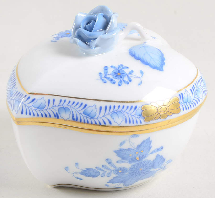 Chinese Bouquet Blue (AB) 3" Heart Shape Bon Bon & Lid by Herend-1