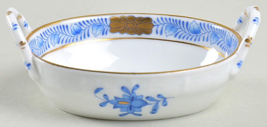 Chinese Bouquet Blue (AB) 2" Small Oval Handled Basket by Herend-1