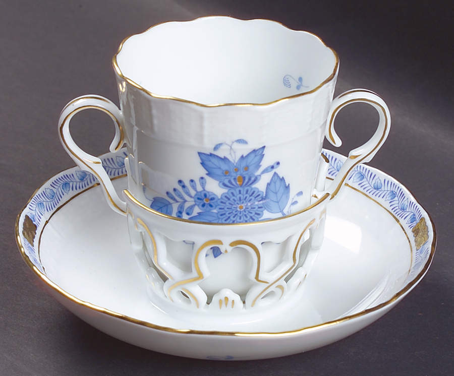 Chinese Bouquet Blue (AB) 2 Handled Trembleuse Cup & Saucer Set by Herend-1