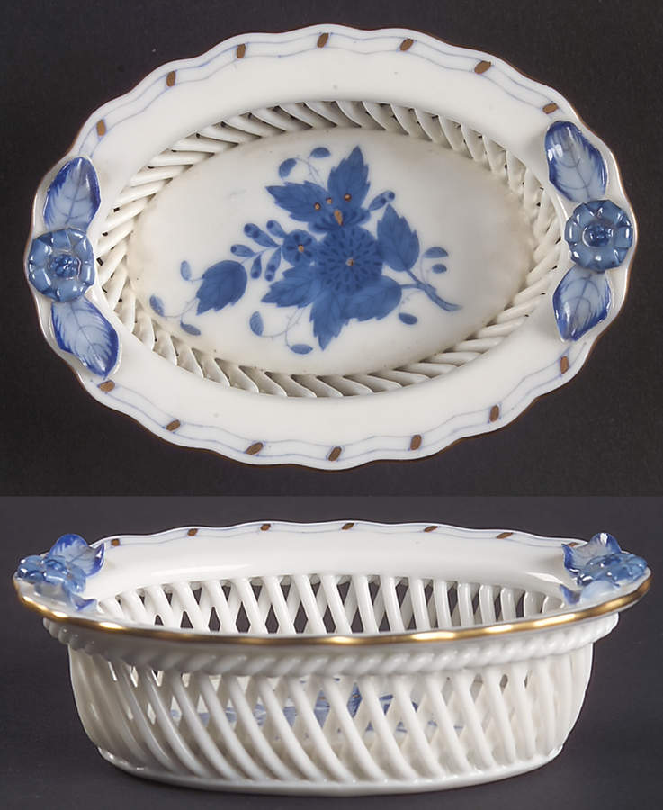 Chinese Bouquet Blue (AB) 3" Oval Open Weave Basket by Herend-1