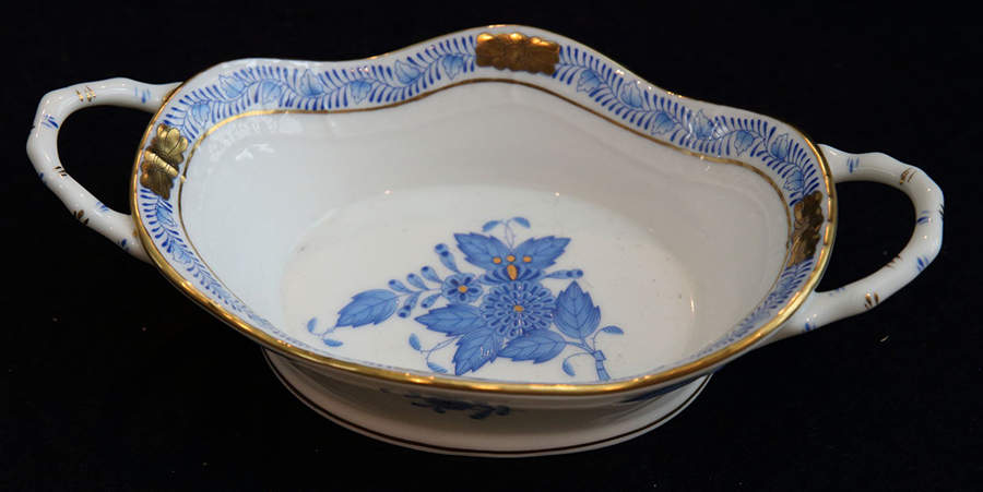 Chinese Bouquet Blue (AB) 4" Oval Basket with Handles by Herend-1