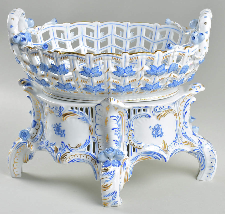 Chinese Bouquet Blue (AB) Oval Fruit Basket and Stand by Herend-1