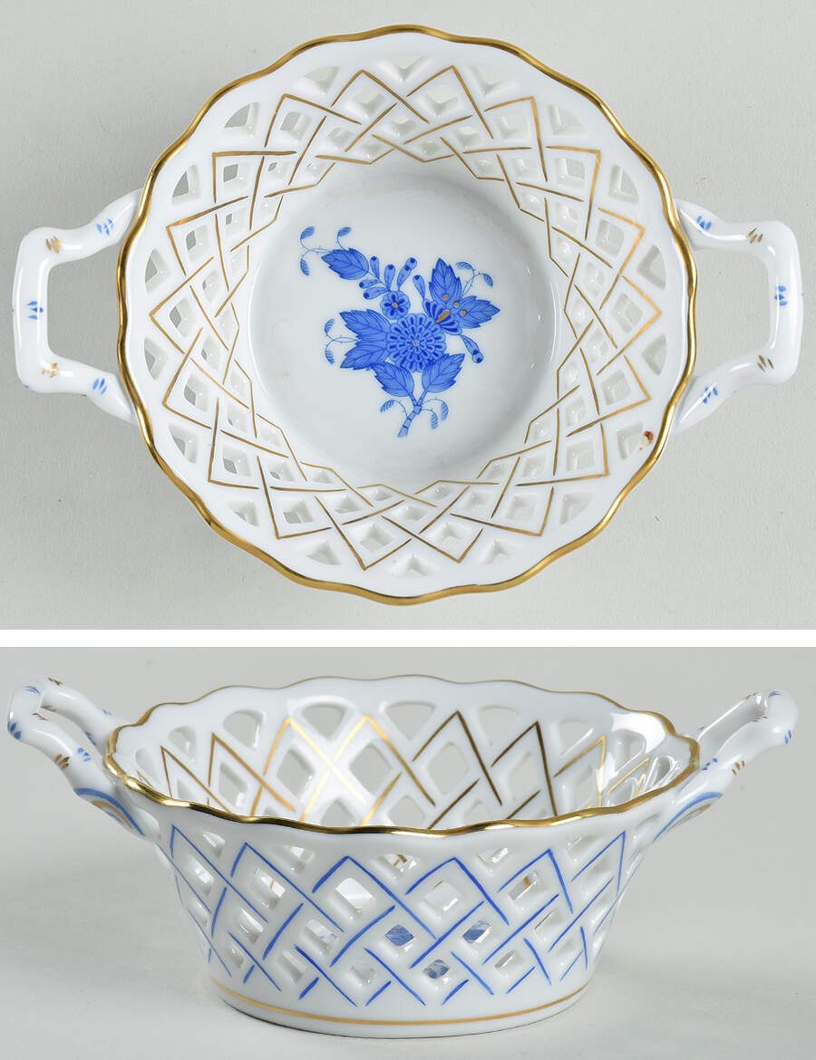 Chinese Bouquet Blue (AB) Medium Basket with Handle by Herend-1
