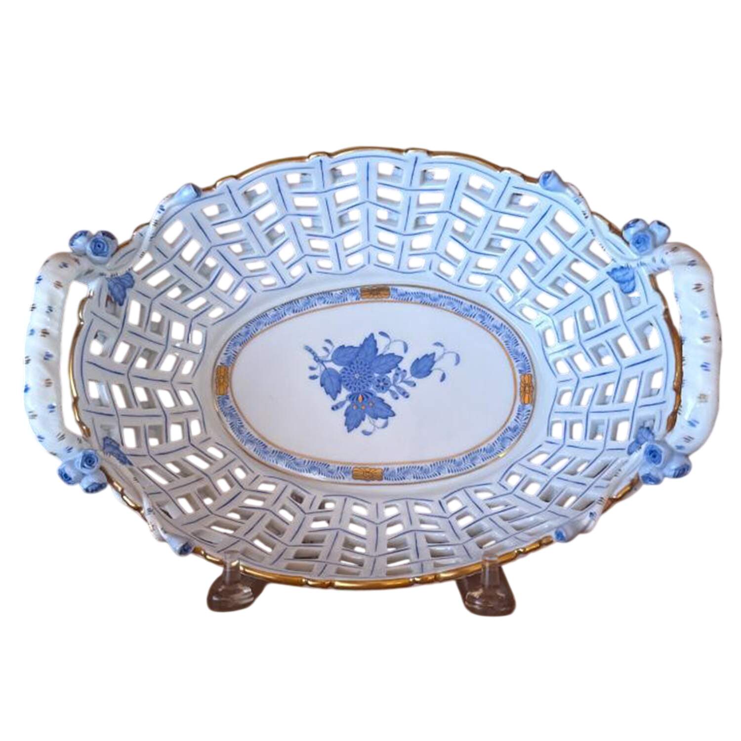 Chinese Bouquet Blue (AB) Oval Fruit Basket for Fruit Basket & Stand Set by Herend-1