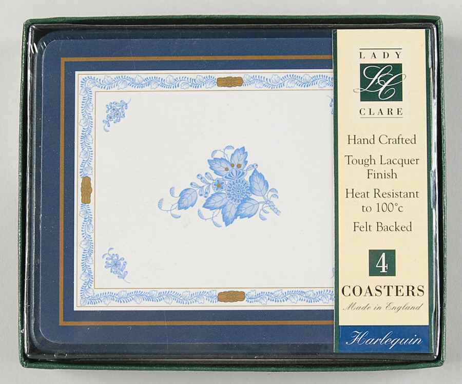 Chinese Bouquet Blue (AB) Rectangular Wood Felt Back Coaster - Set of 4 by Herend-1