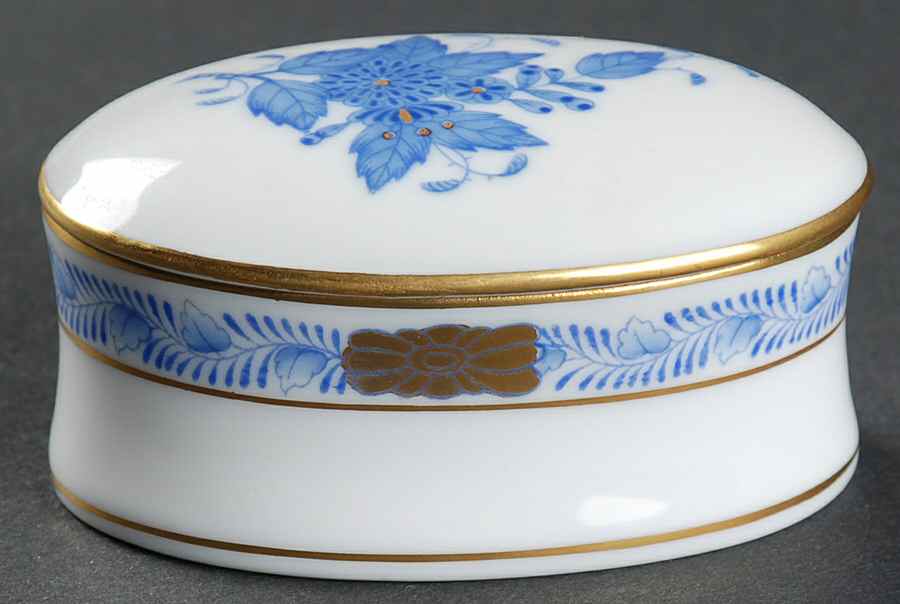 Chinese Bouquet Blue (AB) Mini Oval Box & Lid by Herend-1