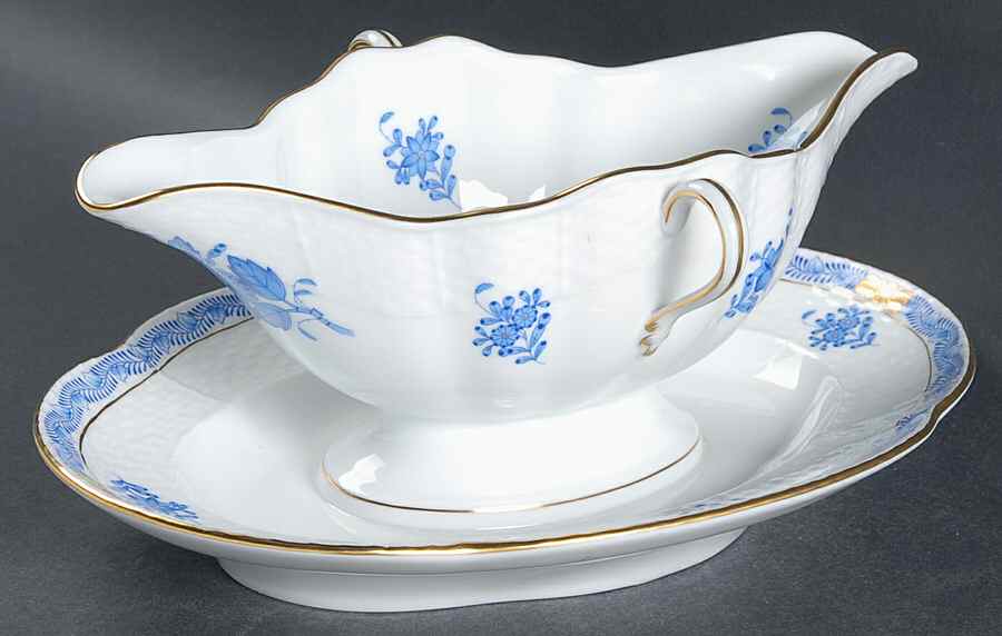 Chinese Bouquet Blue (AB) Gravy Boat with Attached Underplate by Herend-1