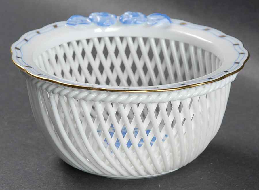 Chinese Bouquet Blue (AB) 4" Small Round Open Weave Basket by Herend-1