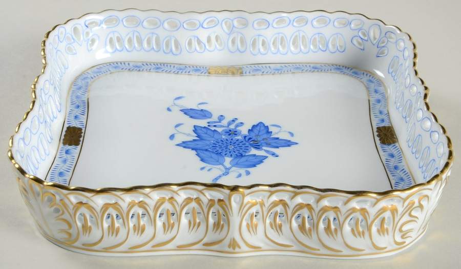 Chinese Bouquet Blue (AB) Square Openwork Gallery Tray by Herend-1