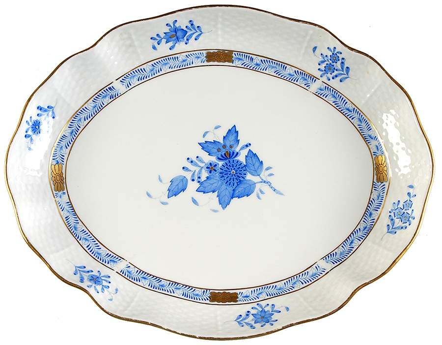 Chinese Bouquet Blue (AB) 10" Oval Serving Platter by Herend-1