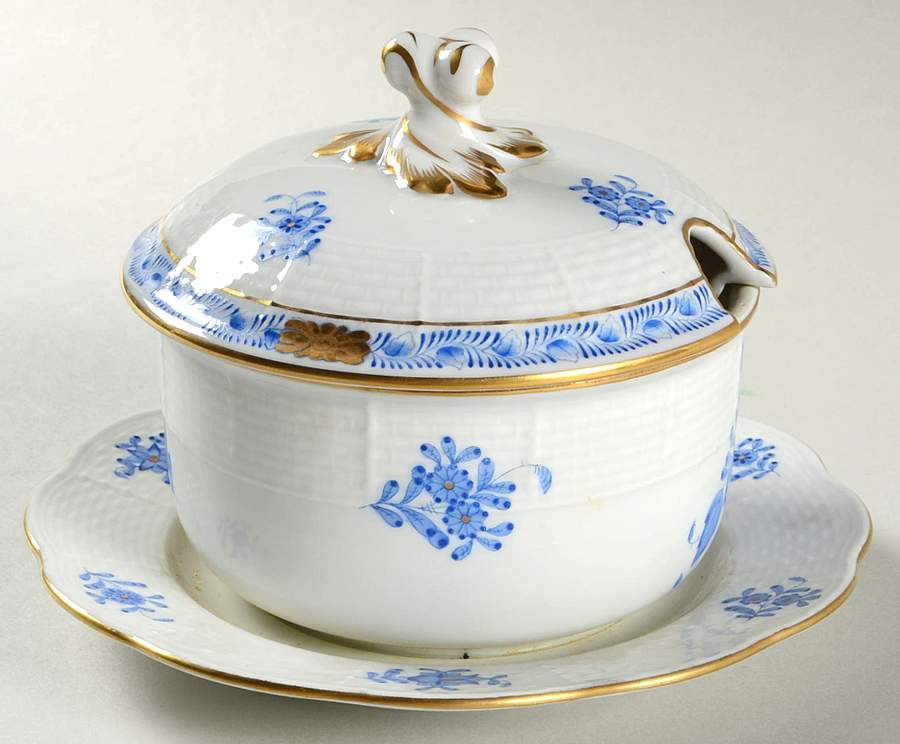 Chinese Bouquet Blue (AB) Jam/Jelly & Lid w/Attached Underplate by Herend-1