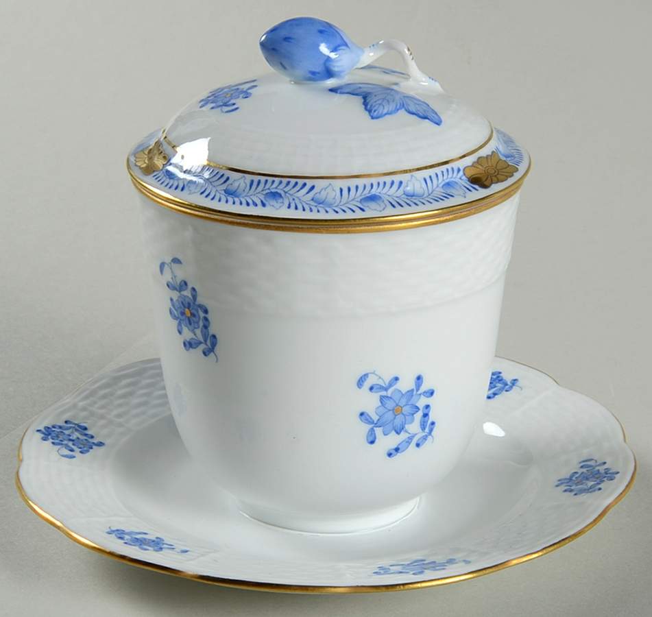 Chinese Bouquet Blue (AB) Jam/Jelly & Lid w/Attached Underplate by Herend-1