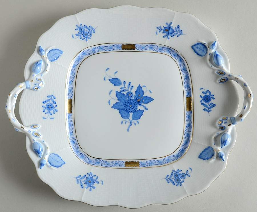 Chinese Bouquet Blue (AB) Square Handled Cake Plate by Herend-1