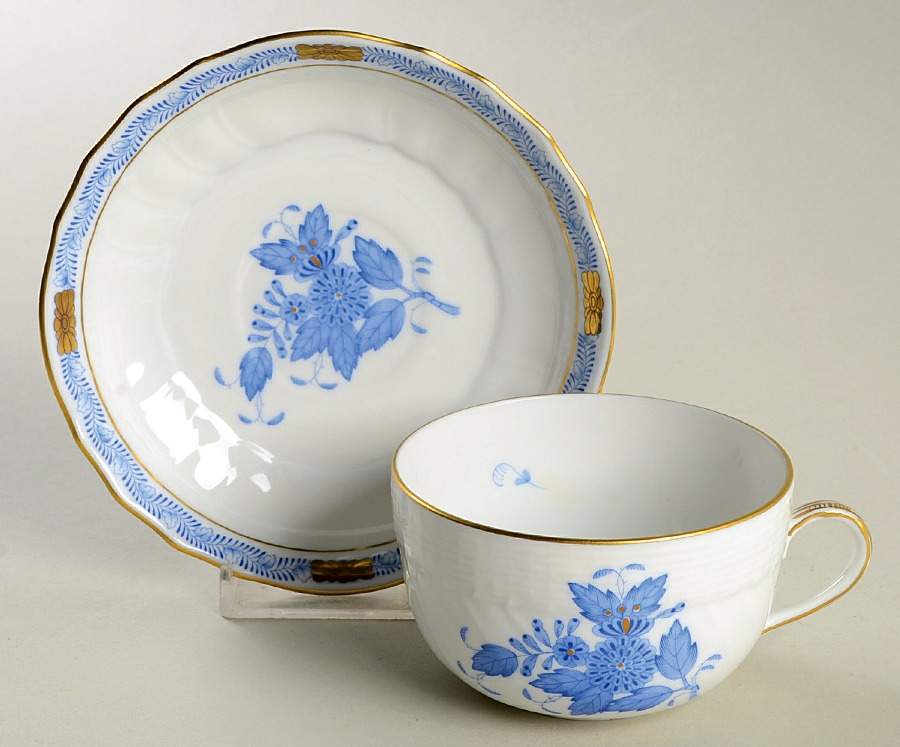 Chinese Bouquet Blue (AB) Flat Cup & Saucer Set by Herend-1