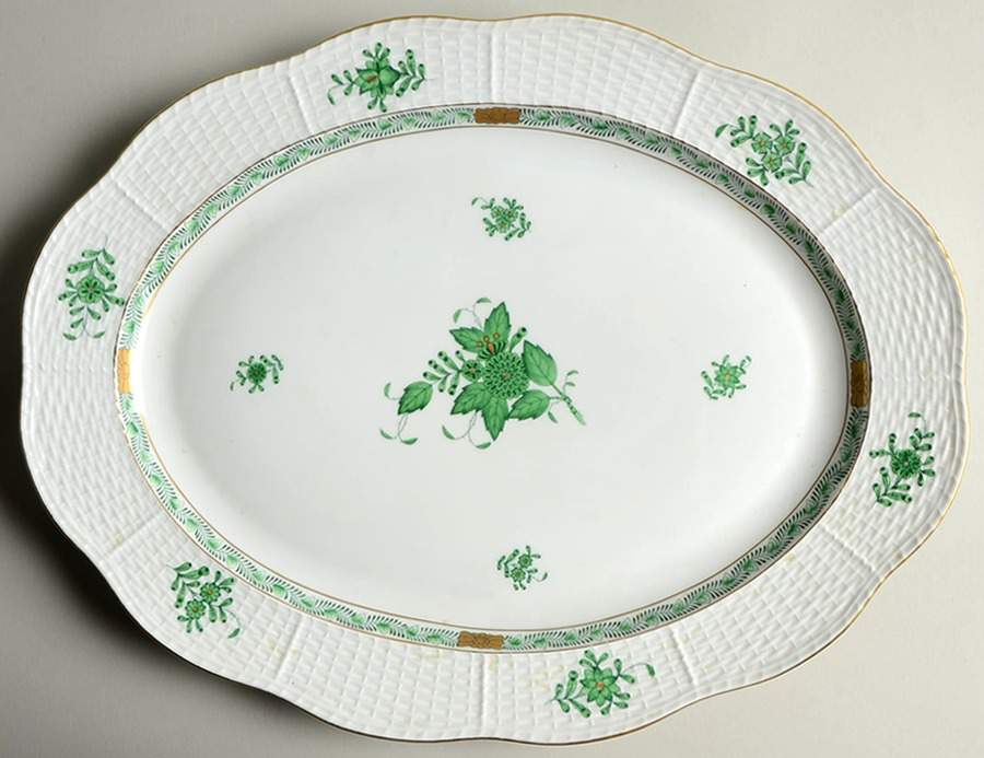 Chinese Bouquet Green (AV) 14" Oval Serving Platter by Herend-1