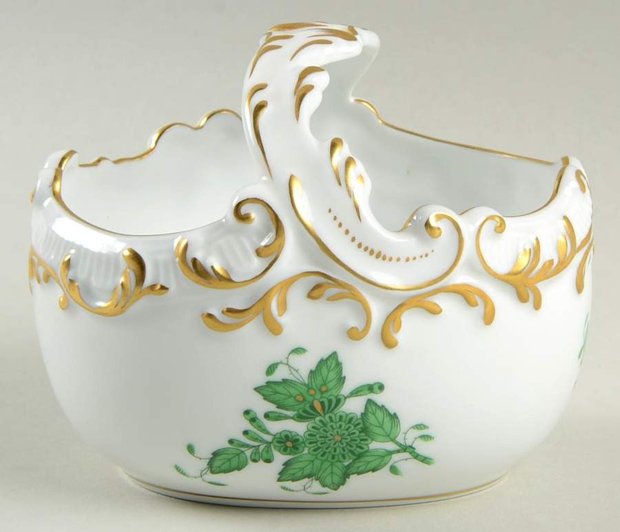Chinese Bouquet Green (AV) Small Oval Basket with Handle by Herend-1