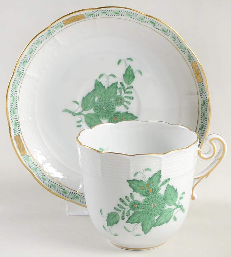 Chinese Bouquet Green (AV) Chocolate Cup & Saucer Set by Herend-1