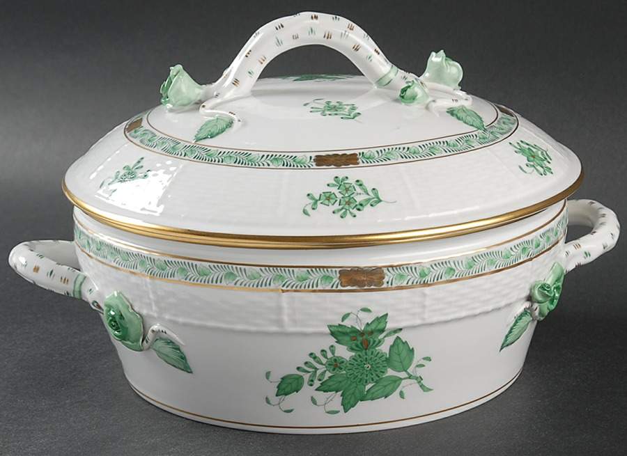 Chinese Bouquet Green (AV) Round Covered Vegetable by Herend-1