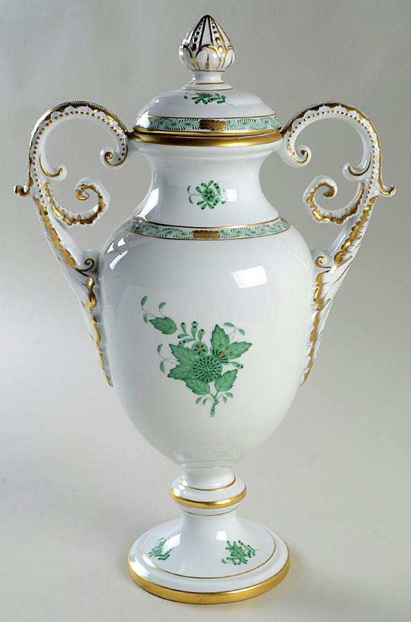 Chinese Bouquet Green (AV) 12" Footed Covered Vase by Herend-1
