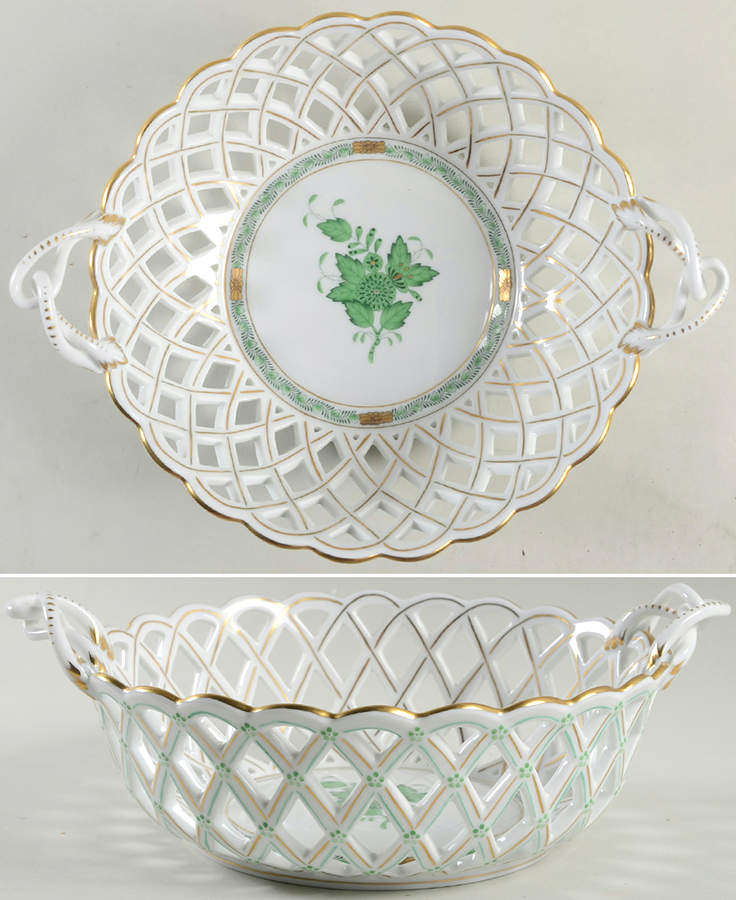 Chinese Bouquet Green (AV) 8" Round Open Weave Basket by Herend-1