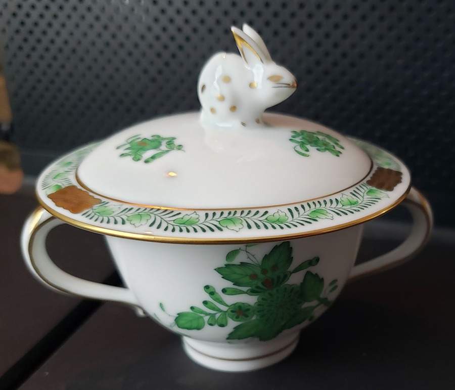 Chinese Bouquet Green (AV) Mini Sugar Bowl & Lid by Herend-1