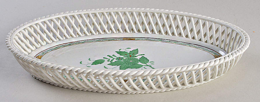 Chinese Bouquet Green (AV) 10" Oval Open Weave Basket by Herend-1