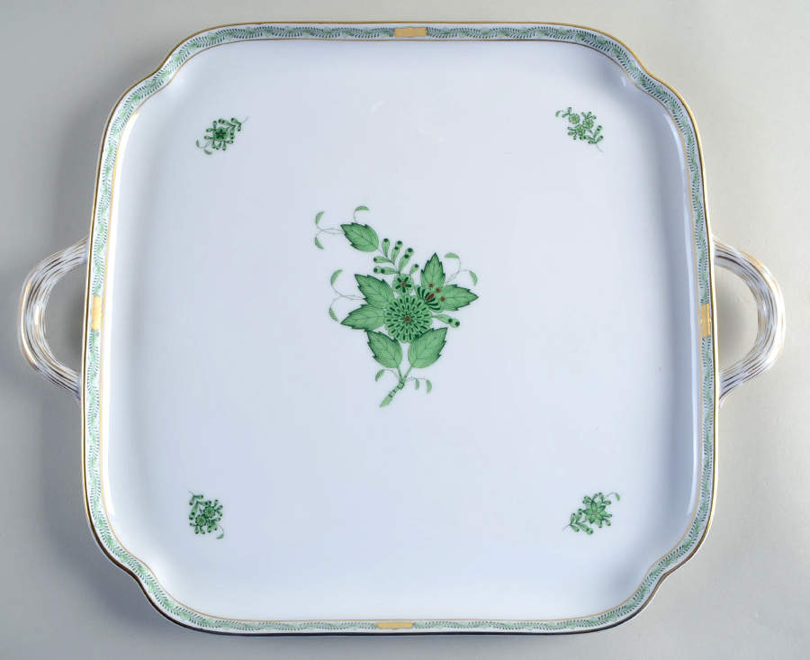 Chinese Bouquet Green (AV) 12" Handled Square Tray by Herend-1