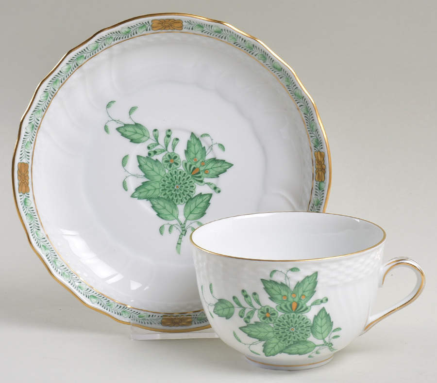 Chinese Bouquet Green (AV) Flat Cup & Saucer Set by Herend-1
