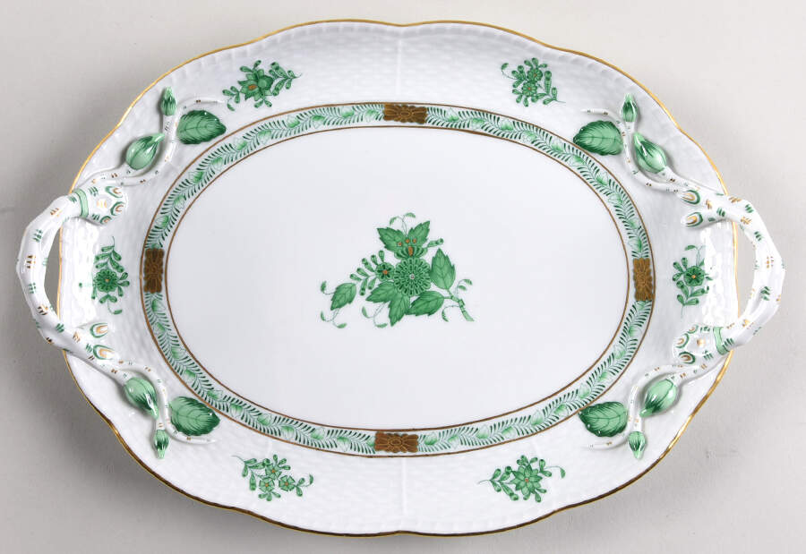 Chinese Bouquet Green (AV) 11" Oval Handled Tray by Herend-1