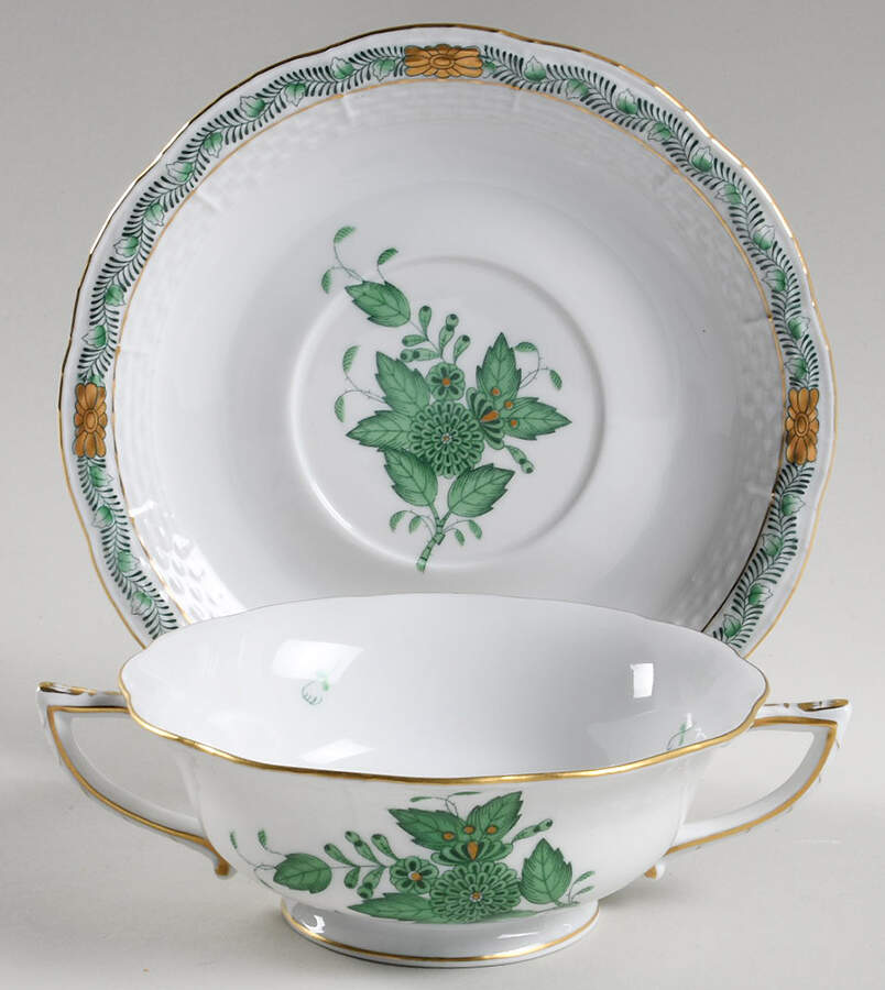 Chinese Bouquet Green (AV) Footed Cream Soup Bowl & Saucer Set by Herend-1