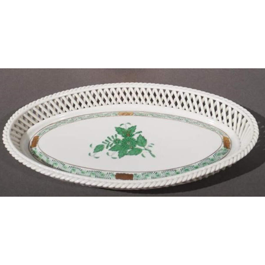 Chinese Bouquet Green (AV) 10" Oval Open Weave Basket by Herend-1