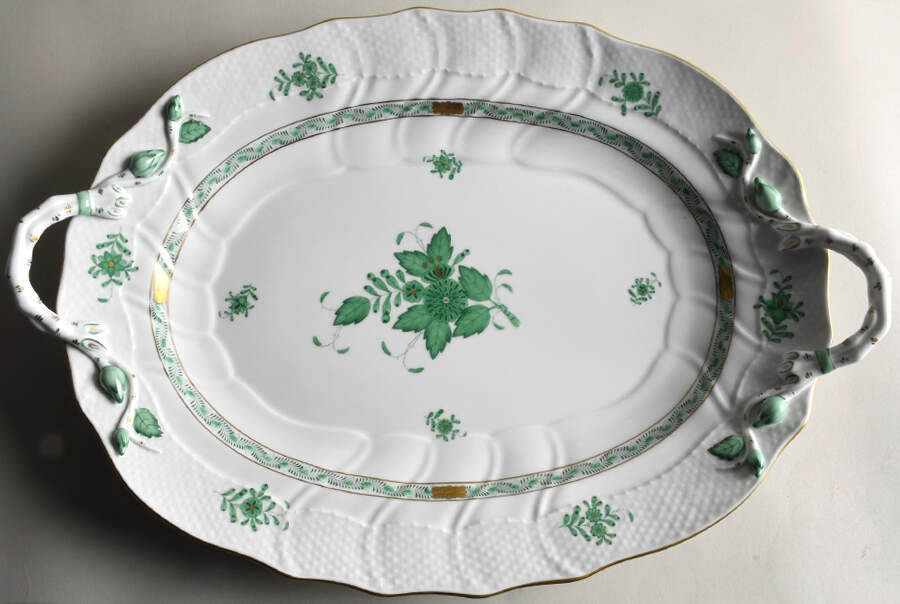 Chinese Bouquet Green (AV) 18" Oval Handled Platter by Herend-1