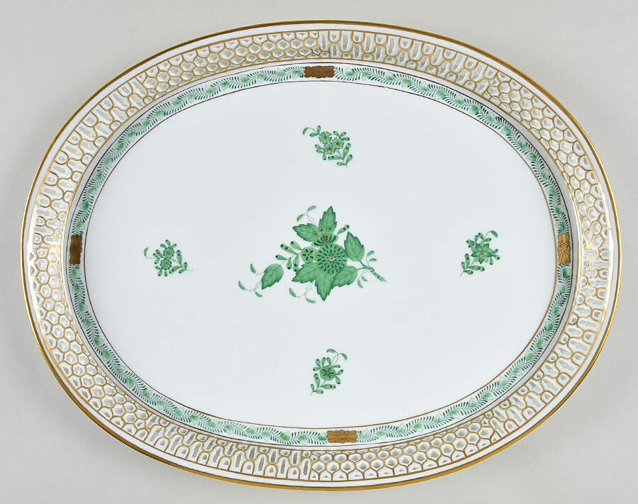 Chinese Bouquet Green (AV) 13" Pierced Oval Tray by Herend-1
