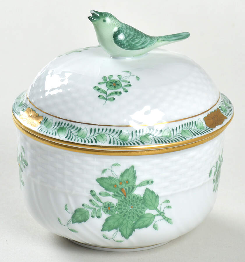 Chinese Bouquet Green (AV) Mini Sugar Bowl & Lid by Herend-1