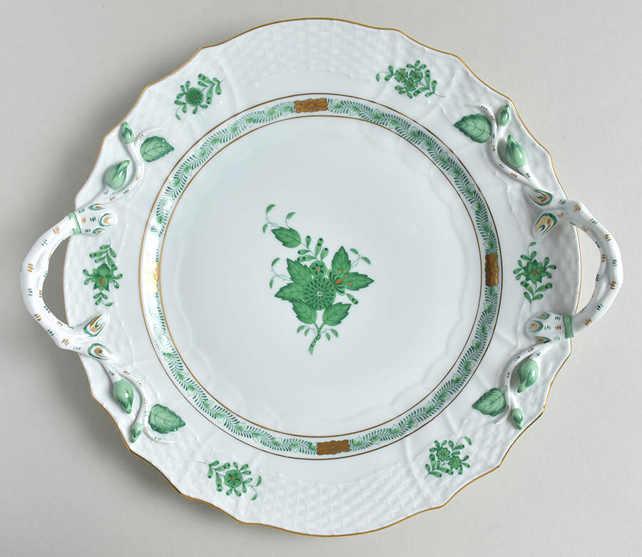 Chinese Bouquet Green (AV) 12" Handled Chop Plate (Round Platter) by Herend-1