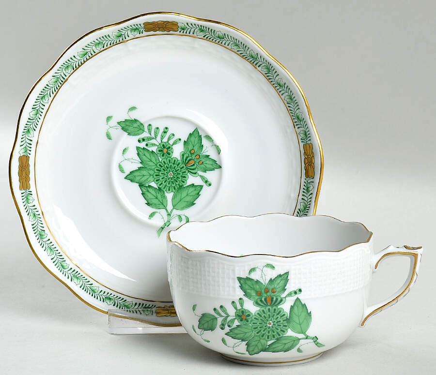 Chinese Bouquet Green (AV) Flat Cup & Saucer Set by Herend-1