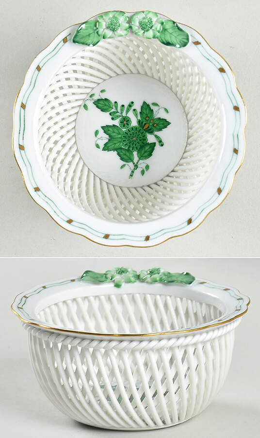 Chinese Bouquet Green (AV) 4" Small Round Open Weave Basket by Herend-1