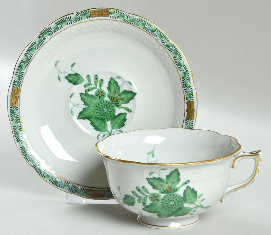 Chinese Bouquet Green (AV) Footed Cup & Saucer Set by Herend-1