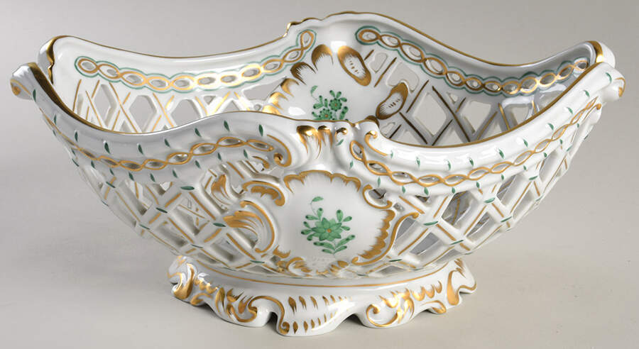 Chinese Bouquet Green (AV) 10" Oval Openwork Basket by Herend-1