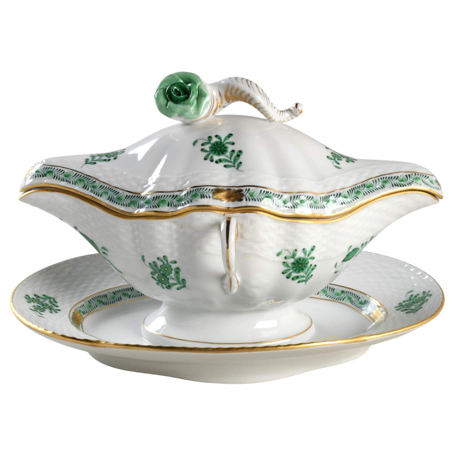 Chinese Bouquet Green (AV) Gravy Boat w/Attached Underplate & Lid by Herend-1