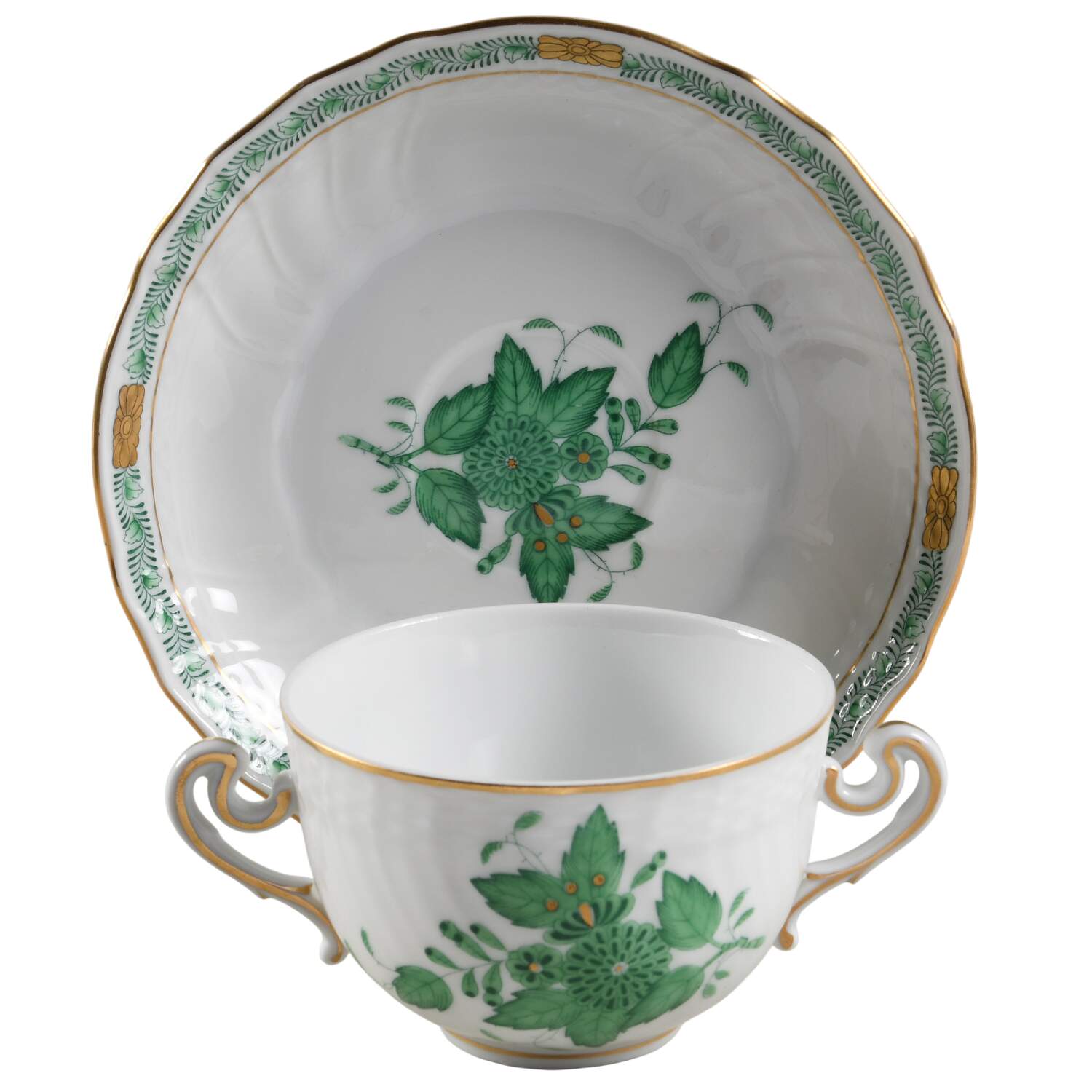 Chinese Bouquet Green (AV) Flat Cream Soup Bowl & Saucer Set by Herend-1
